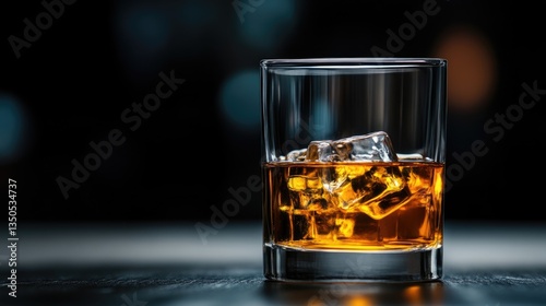 Golden whiskey with ice cubes in a rocks glass