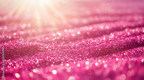 Sparkling pink glitter on a soft surface with sunlight creating a dreamy atmosphere in the background