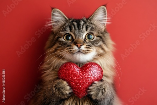 Cute norwegian forest baby feline with sparkling rhinestones red heart - symbol of love, funny greeting card. Norwegian forest - my cherished cat. Marketing visual idea. Valentine's card pet.