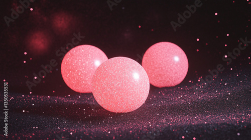 Three shimmering pink spheres surrounded by sparkling particles on a dark background