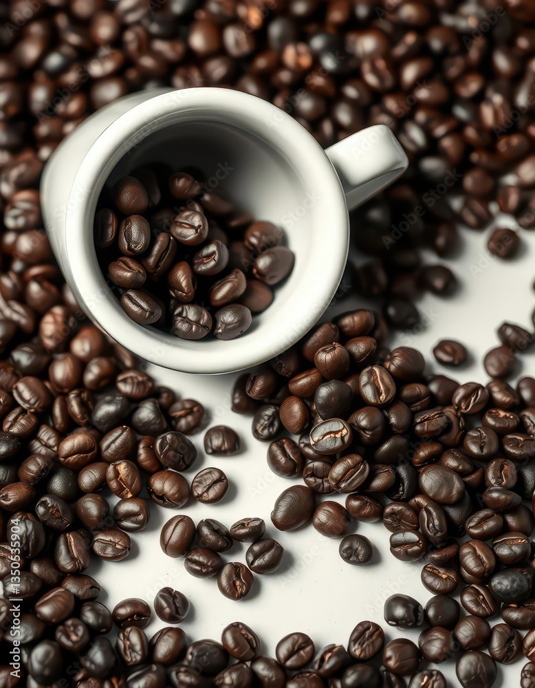 Dark roasted coffee beans spilling from a pristine white cup, beans, cafe Dark roasted coffee beans spilling from a pristine white cup, beans, cafe