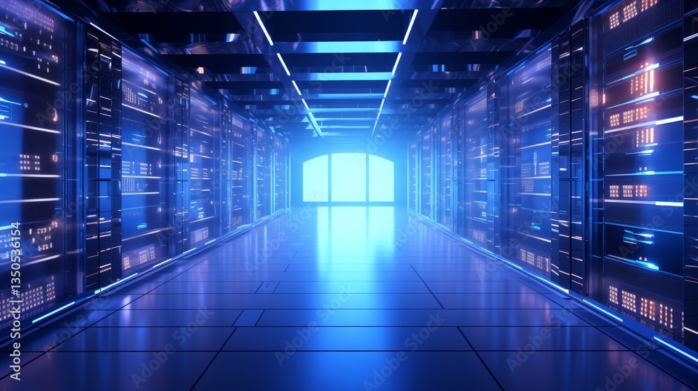 A modern data center with softly glowing server racks and a blurred white glow. A modern data center with softly glowing server racks and a blurred white glow.