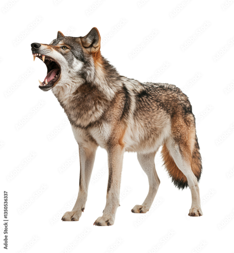 Fototapeta premium Fierce Gray Wolf Standing with Open Mouth Showing Sharp Teeth, Wild Predator Animal in Aggressive Hunting Pose, Isolated on Transparent and White Background