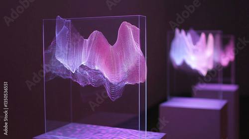 Abstract light wave sculptures displayed in a modern art gallery, creating a vibrant visual experience