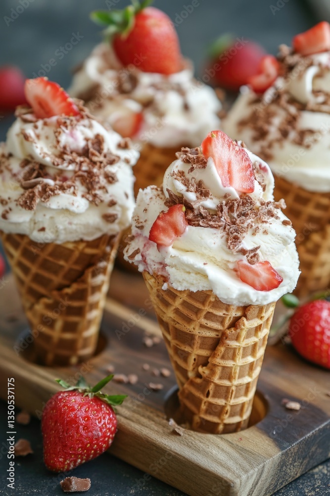 Tasty ice cream with a hint of strawberry, presented in a crunchy waffle cone. Tasty ice cream with a hint of strawberry, presented in a crunchy waffle cone.