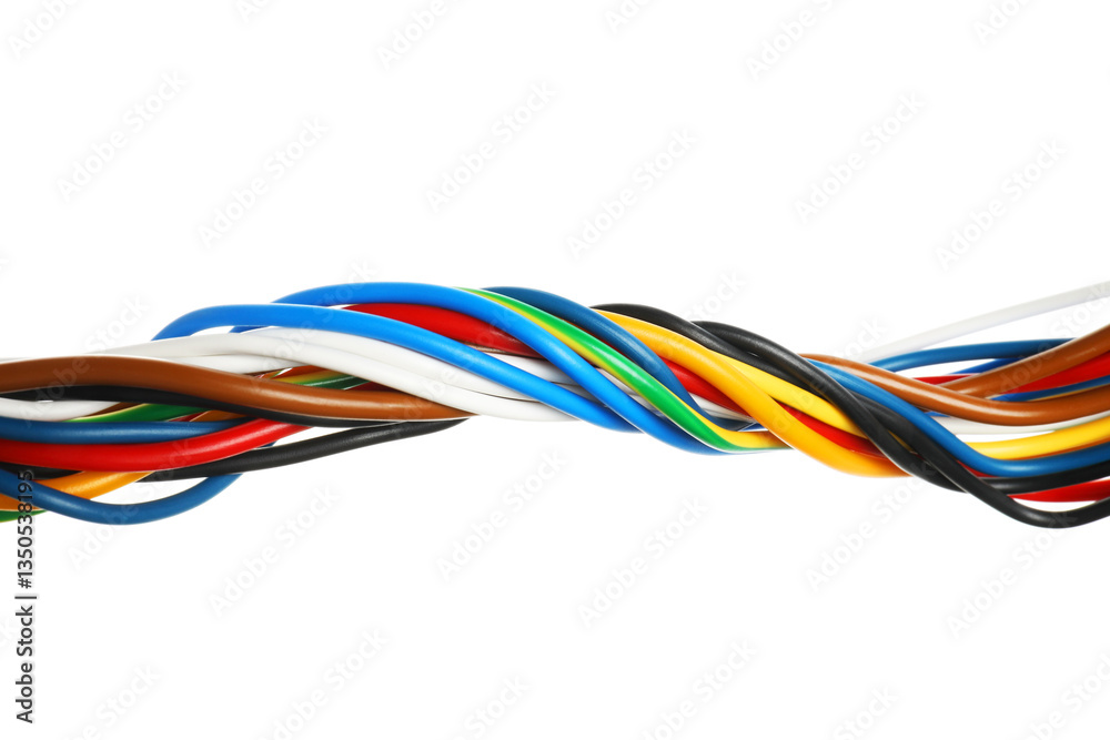 Many colorful electrical wires isolated on white