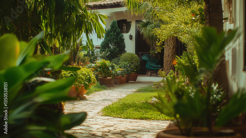 Beautifully Designed Green Garden with Lush Trees, Large Potted Plants, and a White Designer House, Creating a Neat and Clean Front Yard Landscape with Bright Colors
