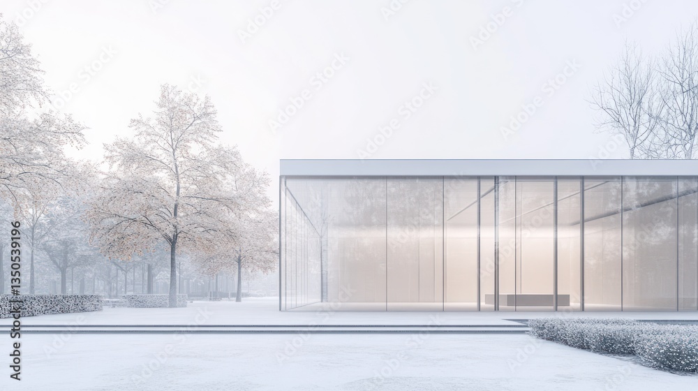 Modern glass pavilion in snowy park, serene winter scene, tranquil architecture, potential for stock Modern glass pavilion in snowy park, serene winter scene, tranquil architecture, potential for stock
