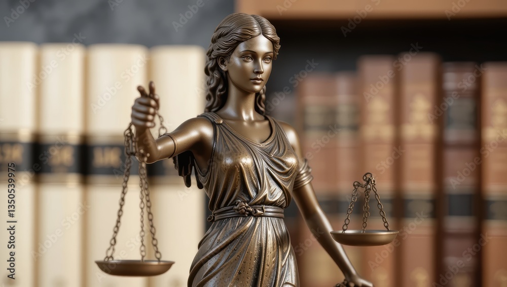 Bronze Lady Justice Statue Holding Scales in Front of Law Books in a Courtroom Setting Bronze Lady Justice Statue Holding Scales in Front of Law Books in a Courtroom Setting