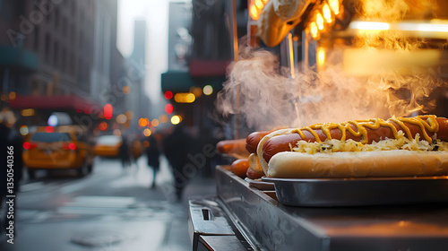 Hot Dog Cart on Busy Street in New York City with Steaming Hot Dogs and Iconic Cityscape Background