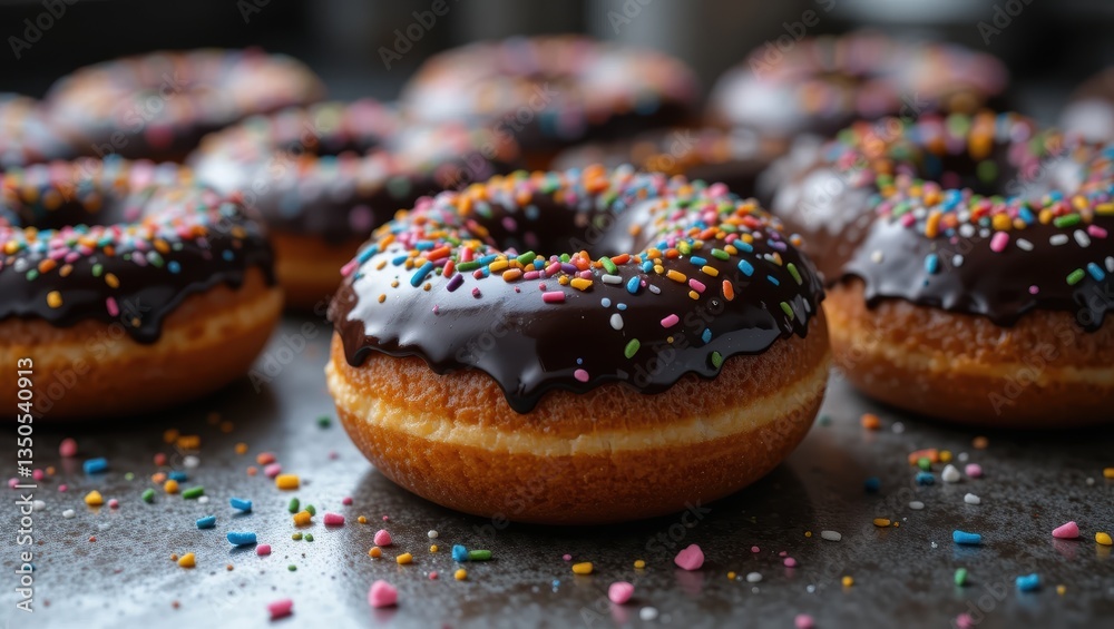 Closeup of Delicious Chocolate Glazed Doughnuts with Colorful Sprinkles on a Baking Sheet Closeup of Delicious Chocolate Glazed Doughnuts with Colorful Sprinkles on a Baking Sheet