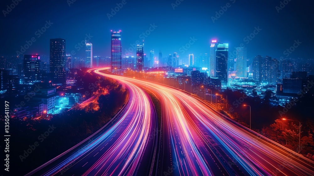 Smart City with Glowing Light Trails Representing Big Data Connection Technology Smart City with Glowing Light Trails Representing Big Data Connection Technology