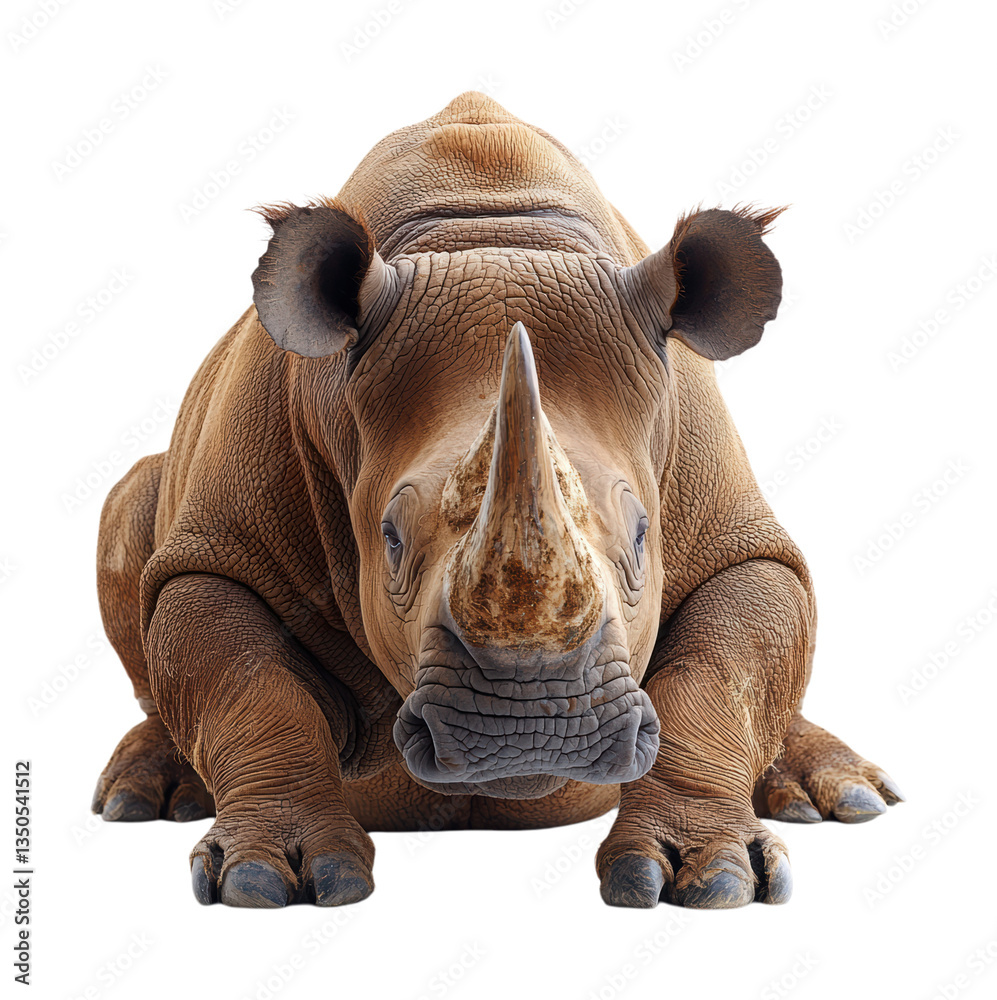Obraz premium Powerful White Rhinoceros Front View Portrait with Detailed Textured Skin and Strong Horn African Wildlife Photography Isolated on Transparent and White Background