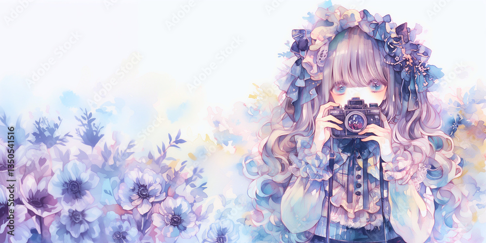 Obraz premium フィルム写真の魅力にハマった女性。イラスト。水彩。背景素材。