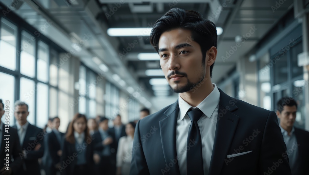 Confident Young Businessman in Suit Strolling Through Modern Office Environment with Colleagues Confident Young Businessman in Suit Strolling Through Modern Office Environment with Colleagues