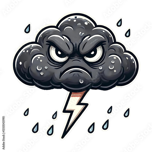 A Dark and Angry Stormy Cartoon Cloud with Lightning Bolts and Pouring Rain