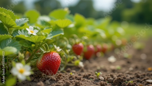 Lush Strawberry Plants with Ripe Red Fruits and White Blooms in a Sunny Agricultural Field