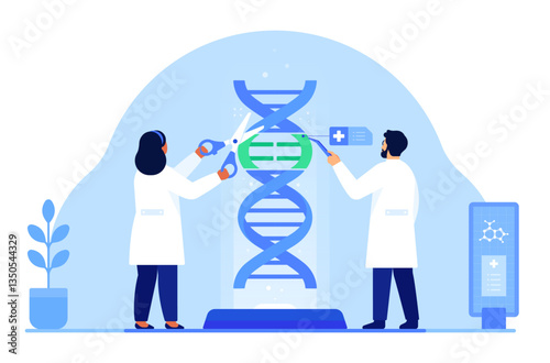 Scientists editing DNA strand. Genetic engineering, gene modification, CRISPR, biotechnology research, medical innovation, science concept. Flat vector illustration isolated on white background