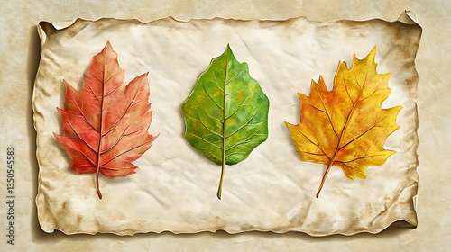 Autumn leaves on aged parchment photo