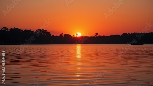 Stunning Sunset Over Calm Lake Reflecting Vibrant Orange Sky Surrounded by Lush Greenery