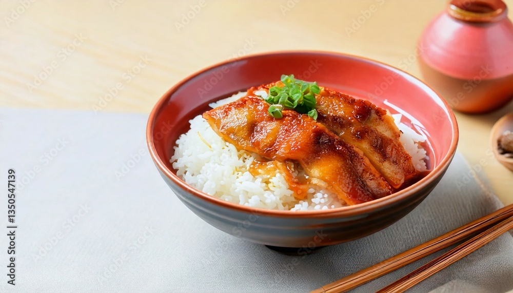 Unagi with rice minimalist setting on blow with simple garnish on simple decoration Unagi with rice minimalist setting on blow with simple garnish on simple decoration