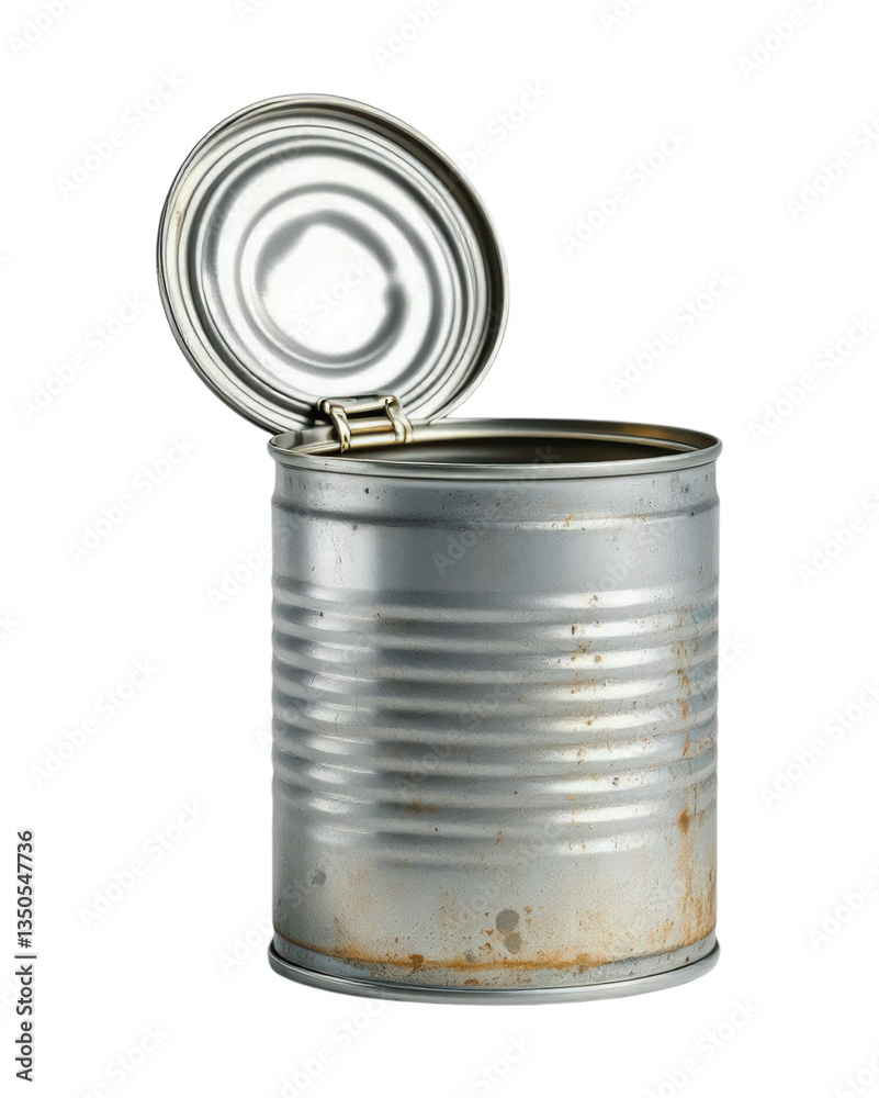 Empty Open Metal Tin Can with Partially Attached Lid Showing Rusty Bottom Against Dark Background Isolated on Transparent and White Background Empty Open Metal Tin Can with Partially Attached Lid Showing Rusty Bottom Against Dark Background Isolated on Transparent and White Background