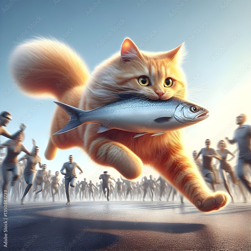 Obraz premium Orange Cat with Fish Leading a Human Race 