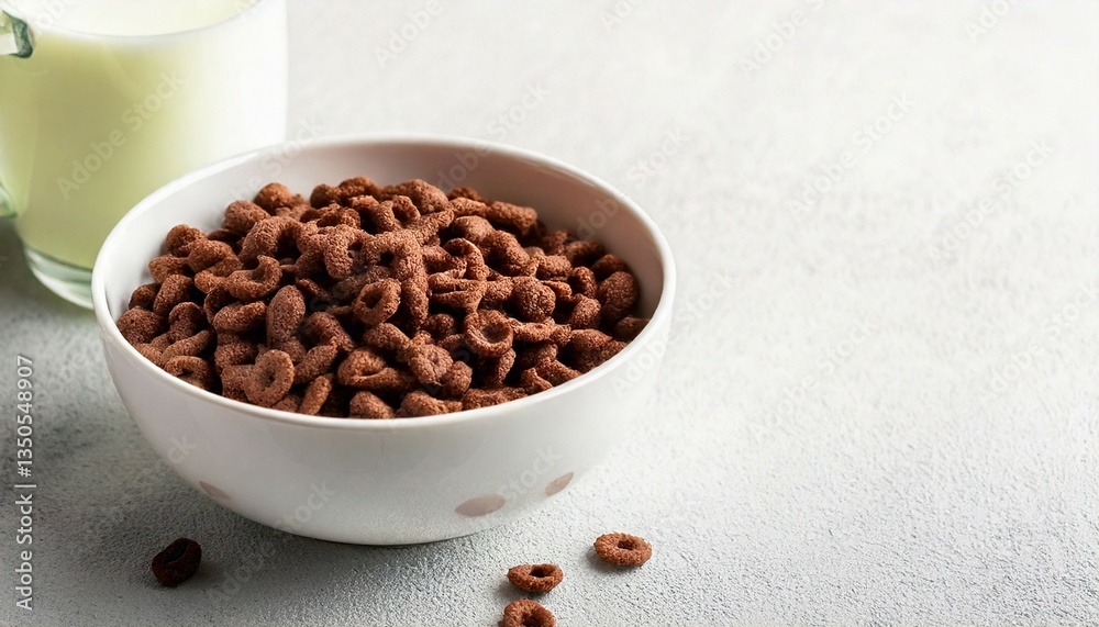chocolate cereal with a glass milk at top view, served in a simple white bowl chocolate cereal with a glass milk at top view, served in a simple white bowl