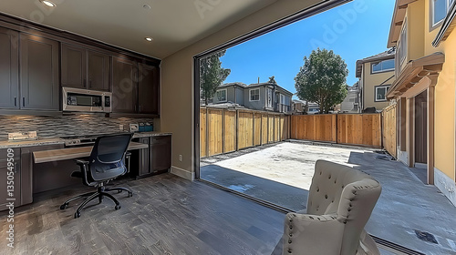 Modern home office with backyard view