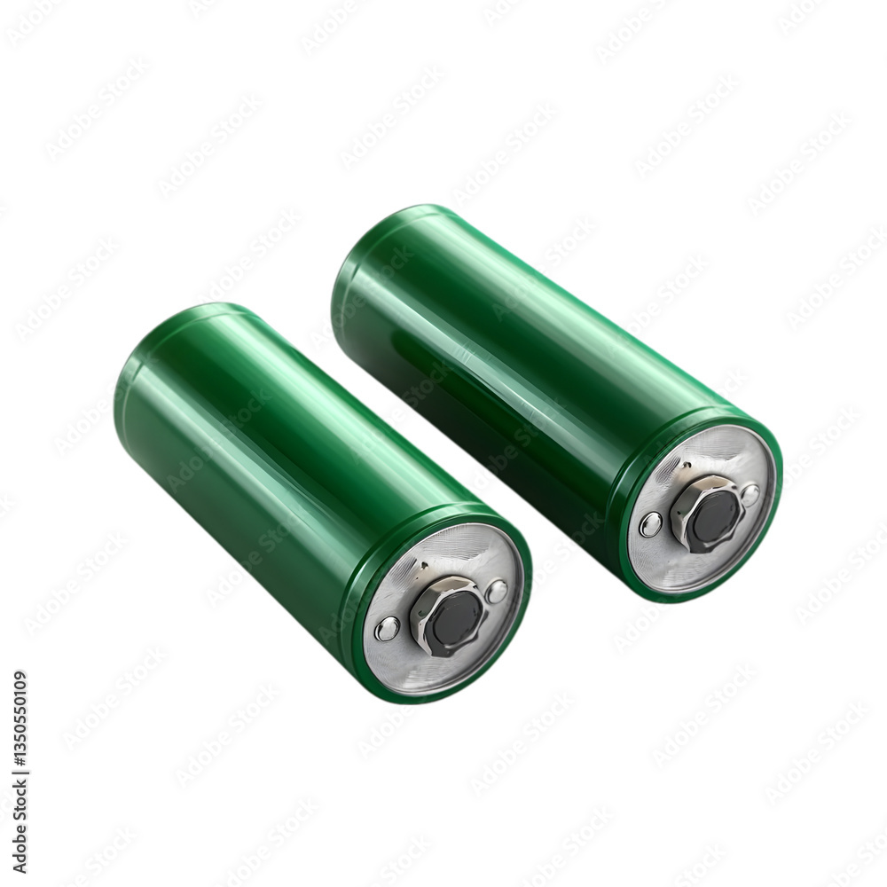 Two green cylindrical batteries with metal terminals, ideal for showcasing energy storage or battery technology. Two green cylindrical batteries with metal terminals, ideal for showcasing energy storage or battery technology.