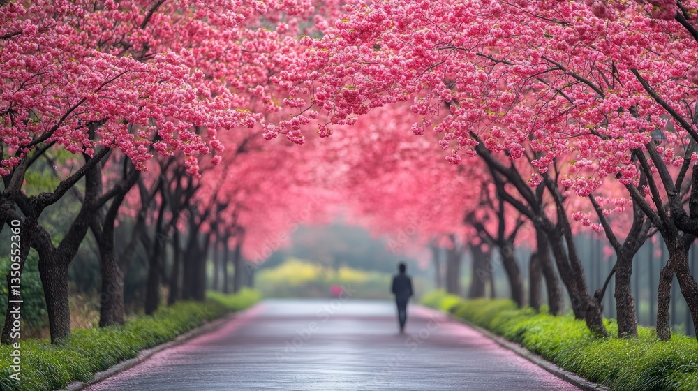 A Serene Stroll Through a Pink Blossom Tunnel