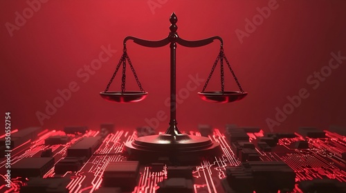 A striking image of a black balance scale set against a vibrant red background, symbolizing justice and equity in a digital age.