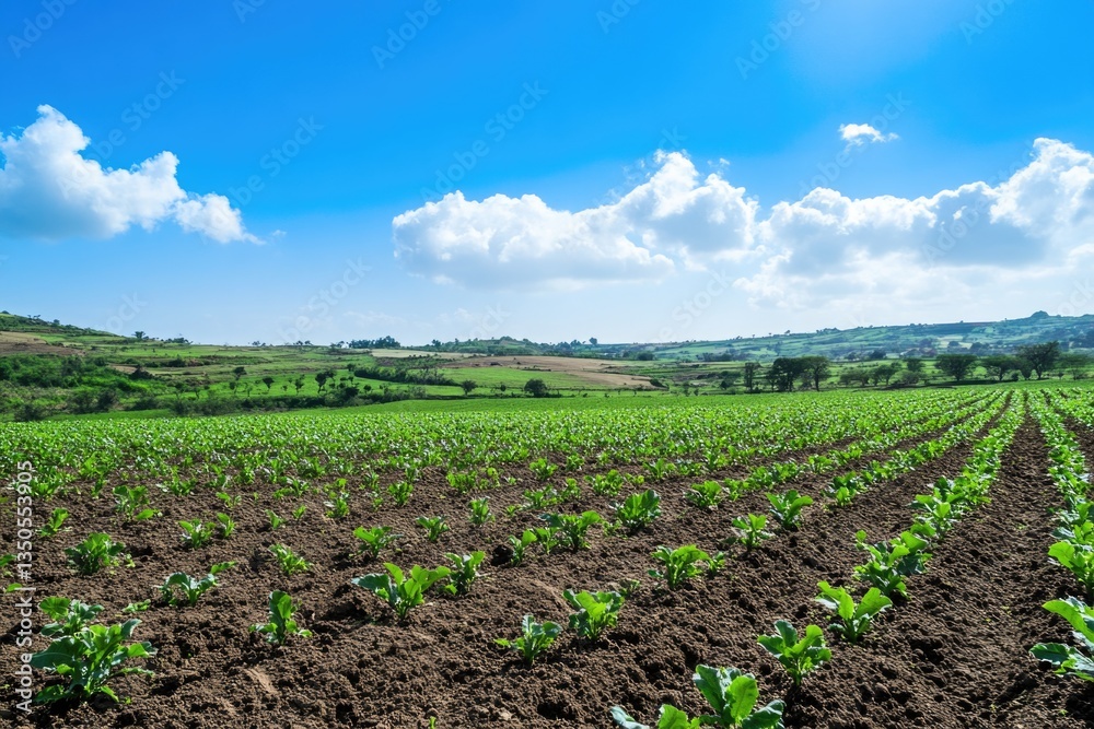 A backdrop featuring rich soil, lush green grass, and a clear blue sky. A backdrop featuring rich soil, lush green grass, and a clear blue sky.