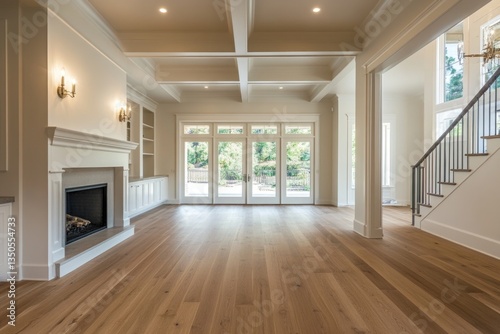 A beautiful oak wood floor complements the pristine white walls perfectly.