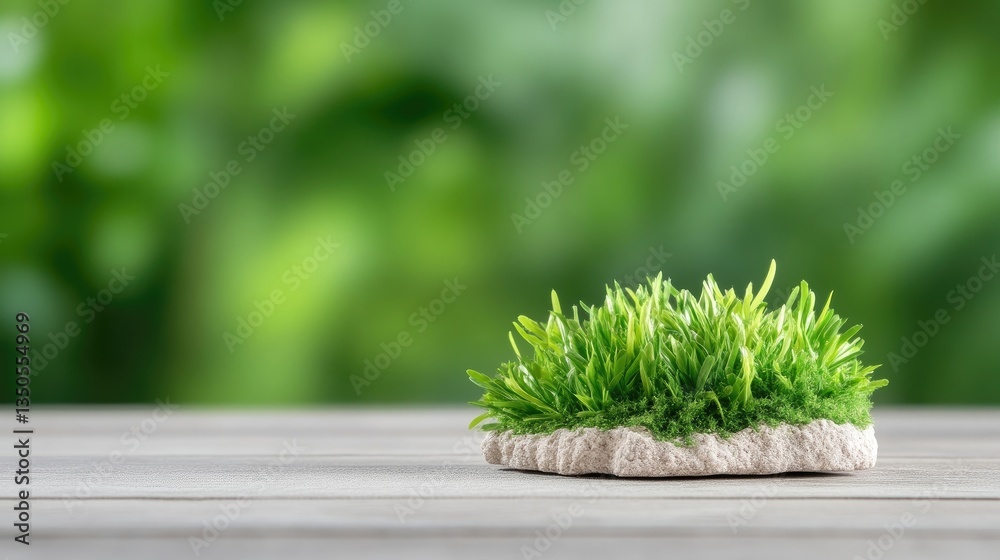 Miniature grassy patch on a light wooden surface, against a blurred green background Miniature grassy patch on a light wooden surface, against a blurred green background