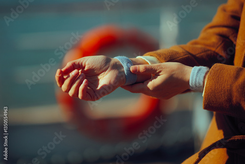 Fényképezés Woman Wearing Anti Nausea bracelet against sea sickness