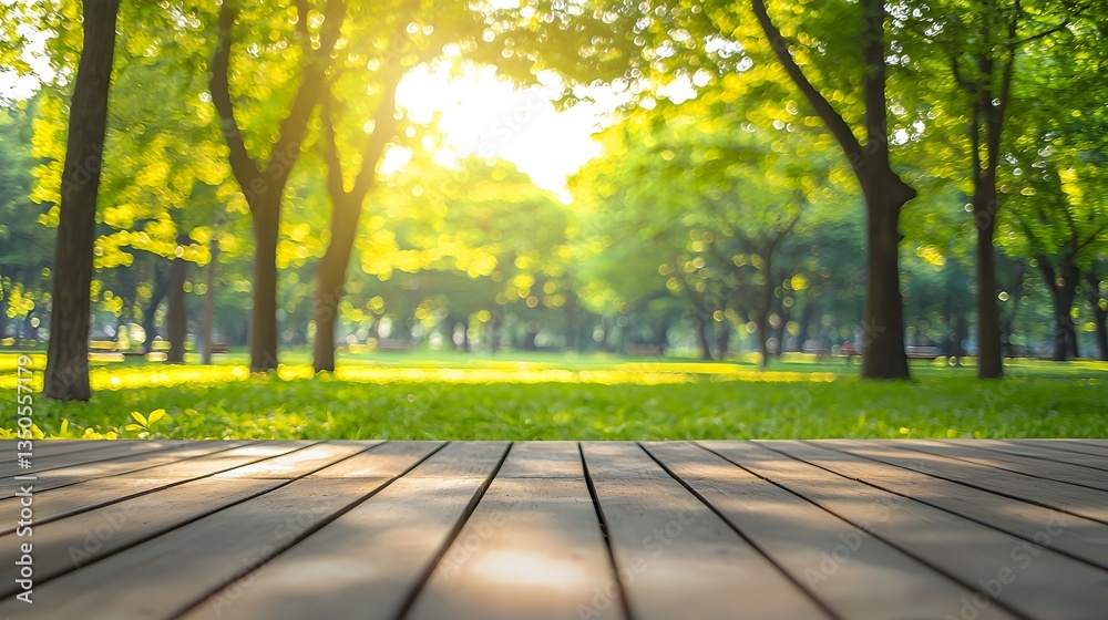 Tranquil Park Scene with Sunlight Streaming Through Lush Green Trees and Wooden Deck Tranquil Park Scene with Sunlight Streaming Through Lush Green Trees and Wooden Deck