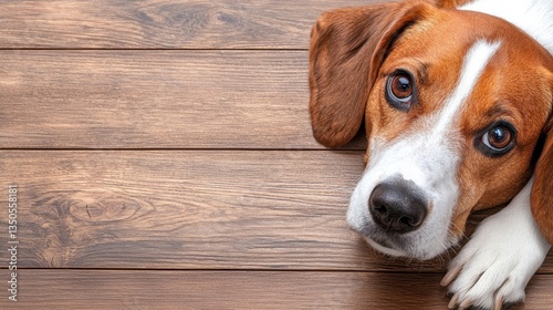 Close-Up of a Beagle Dog Resting on a Wooden Floor with Expressive Brown Eyes