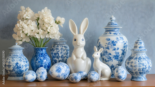A charming Easter still life featuring white ceramic rabbits, ornate blue and white vases, and floral eggs against a blue wall.