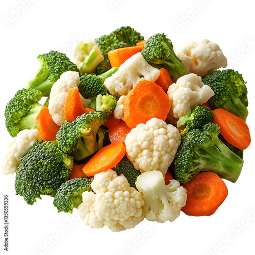 A Colorful Medley of Broccoli, Cauliflower, and Carrot Slices, Perfect for Designs Aiming to Convey Freshness, Health, and a Variety of Vegetables