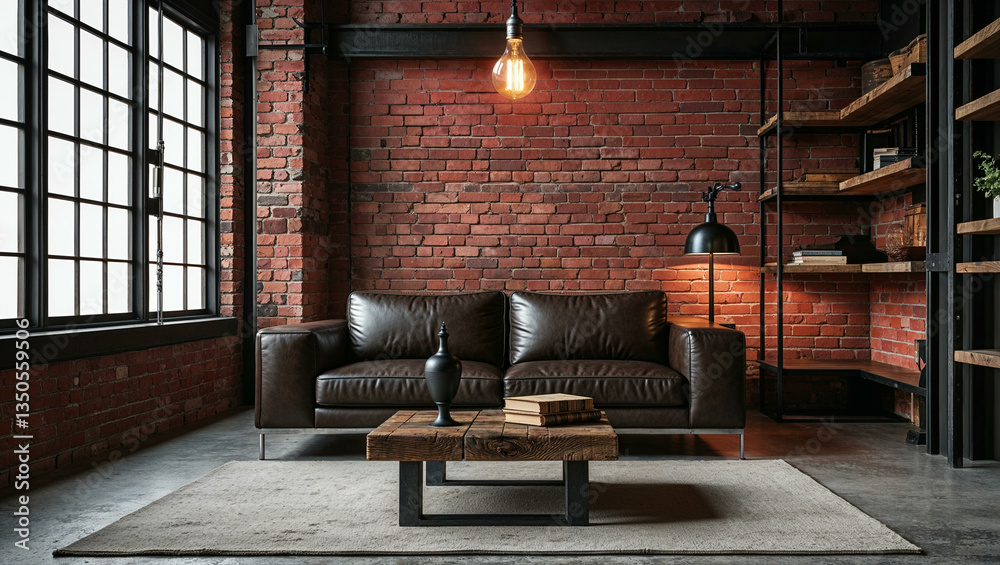 Fototapeta premium A stylish industrial loft living room with exposed red brick walls and large black-framed windows. A dark brown leather sofa with metal legs sits atop a textured concrete floor.