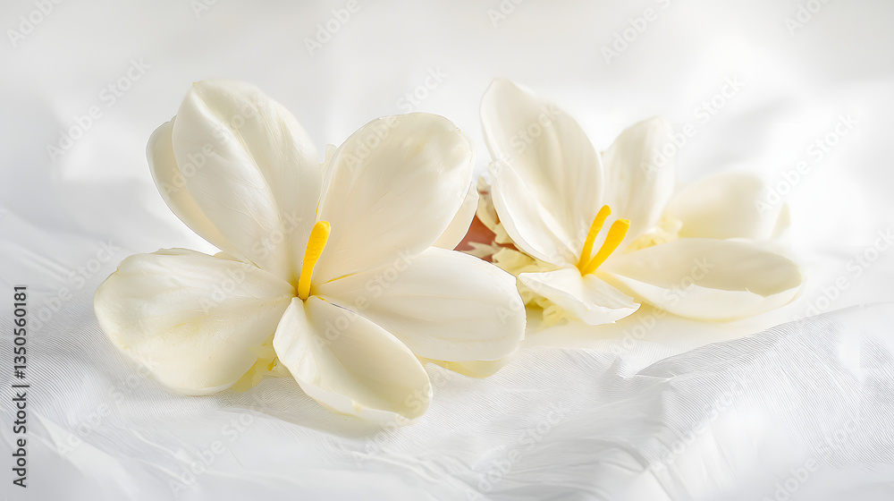 Elegant White Flowers on Soft Fabric Background with Delicate Petals and Bright Yellow Stamen Elegant White Flowers on Soft Fabric Background with Delicate Petals and Bright Yellow Stamen