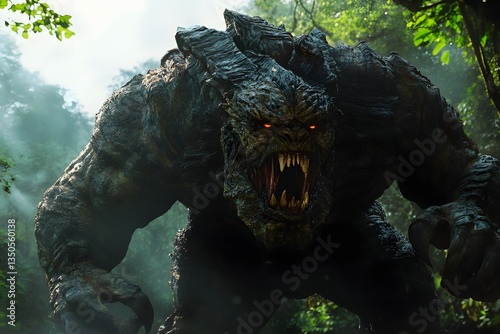 A fearsome otherworldly creature emerges from the dense primeval forest  long title A massive hulking figure with a cavernous maw and