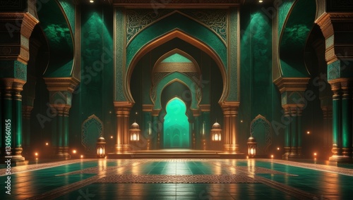 Luxurious islamic golden background. Elegant mosque background. Green islamic golden ceremony award stage venue background. 