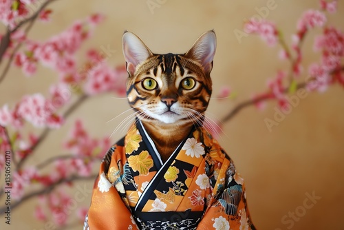 A regal Bengal cat posed in an ornate Japanese yukata