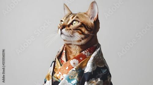 Majestic Bengal cat draped in Japanese yukata