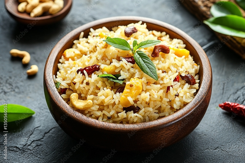 Traditional Indian Vada Pongal Rice with Cashews and Curry Leaves in a Rustic Bowl Traditional Indian Vada Pongal Rice with Cashews and Curry Leaves in a Rustic Bowl
