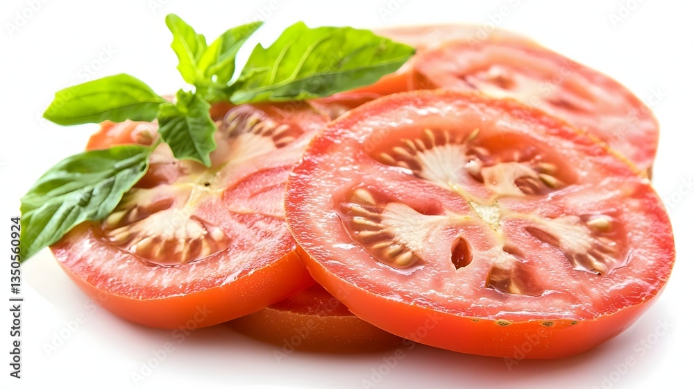 Freshly Sliced Tomato with Green Basil Garnish on a White Background Freshly Sliced Tomato with Green Basil Garnish on a White Background