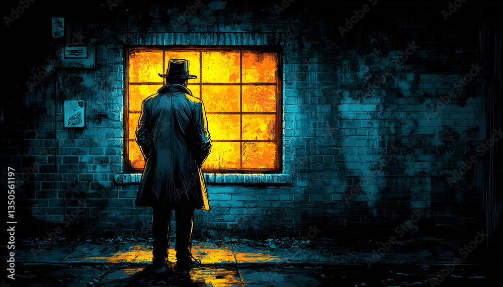 Man in coat, back to viewer, stands before brightly lit window in a dark, brick alleyway. Mysterious, nighttime scene Man in coat, back to viewer, stands before brightly lit window in a dark, brick alleyway. Mysterious, nighttime scene