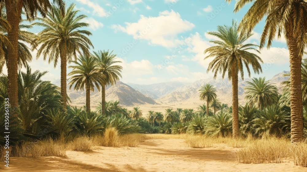 Palm Trees Are Displayed In A Desert Oasis Environment Palm Trees Are Displayed In A Desert Oasis Environment